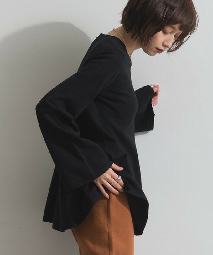 日本 ELENCARE DUE - 成熟傘擺腰線針織長袖上衣-黑