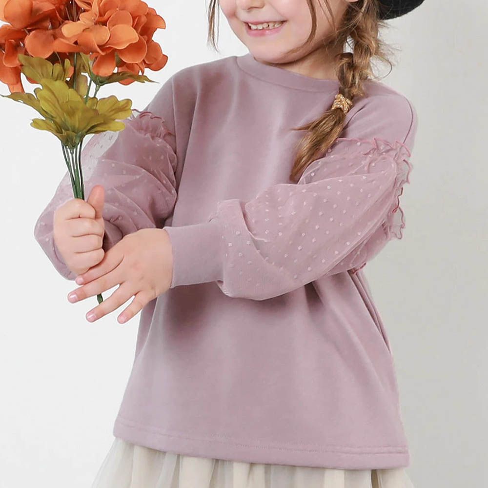 夢幻蕾絲拼接長袖上衣-粉紫