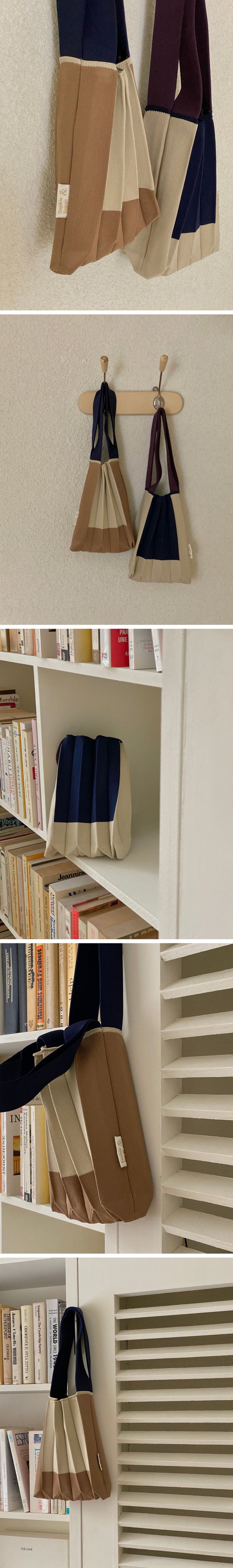 韓國 SOPHIENBONNE - 配色彈性針織褶手提/肩背包-米X深藍 (S)