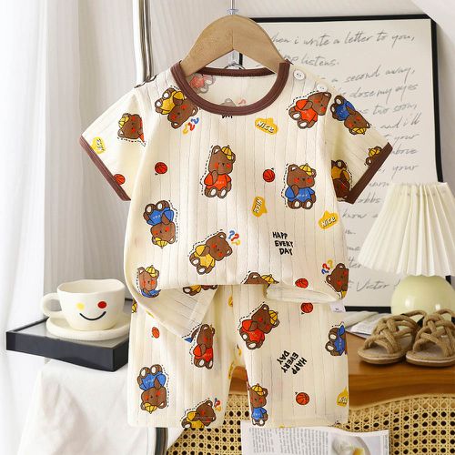 純棉網眼透氣短袖短褲家居服套裝-開心小熊