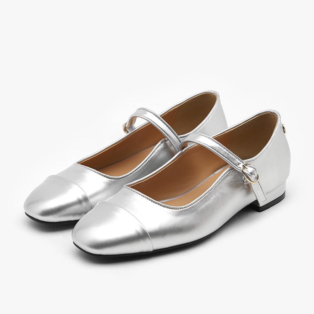 光澤拼接美型瑪莉珍鞋-銀