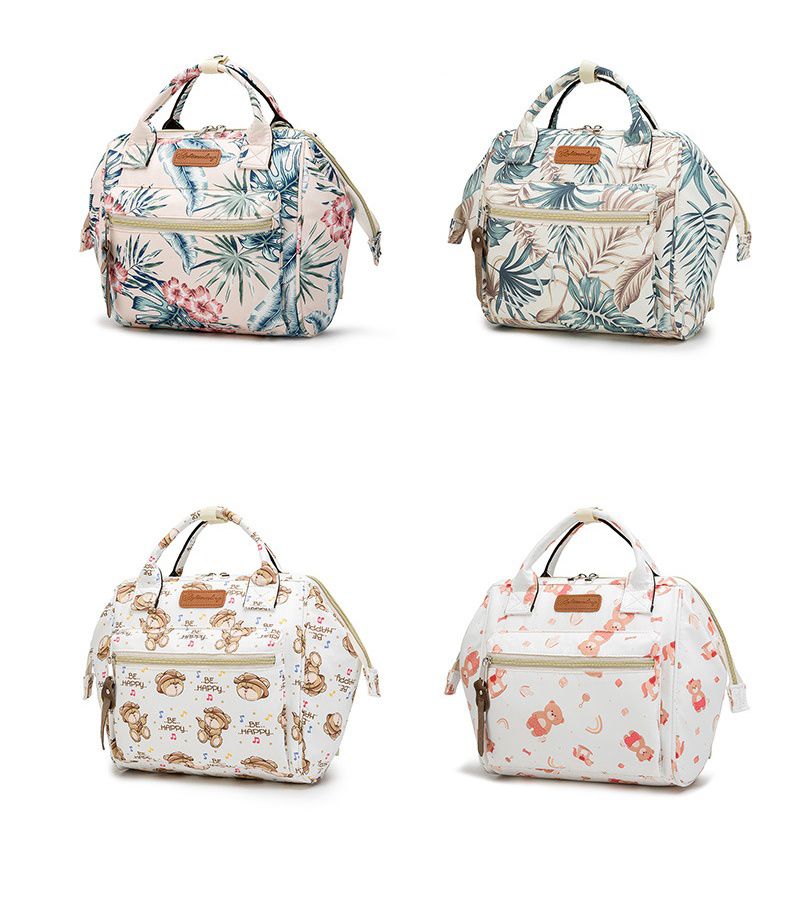 多功能防水手提包/媽媽包-花與葉子-米白+綠+粉 (22x23.5x13.5cm)