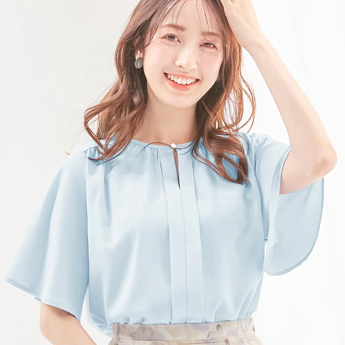 日本 BELLUNA - 前後2way打褶雪紡寬袖短袖上衣-深藍
