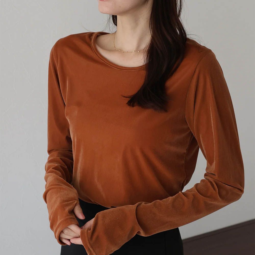 透明感光澤絨面船領長袖上衣-(指孔設計)-焦糖橘