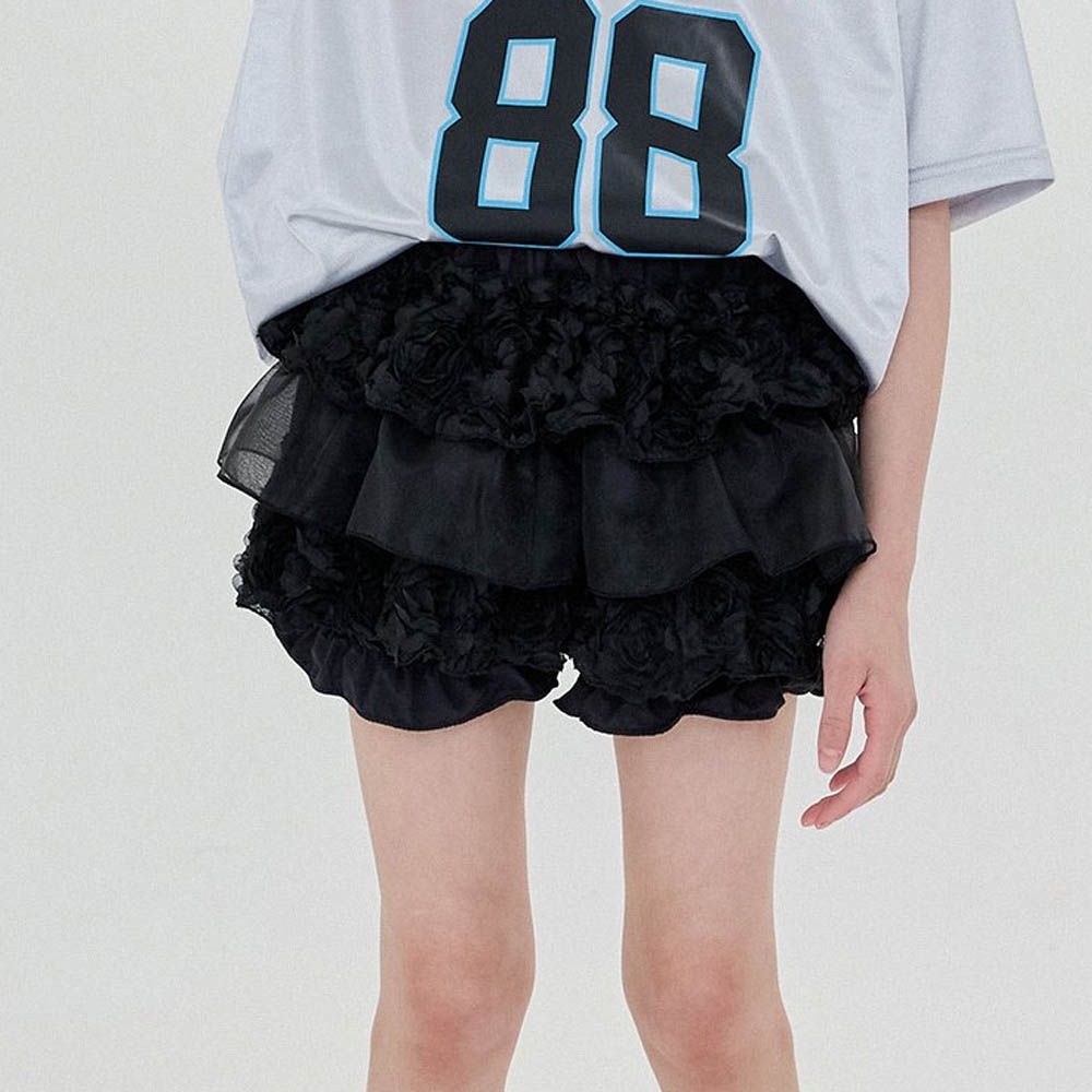 鬆緊腰浪漫蕾絲網紗蛋糕褲裙-黑