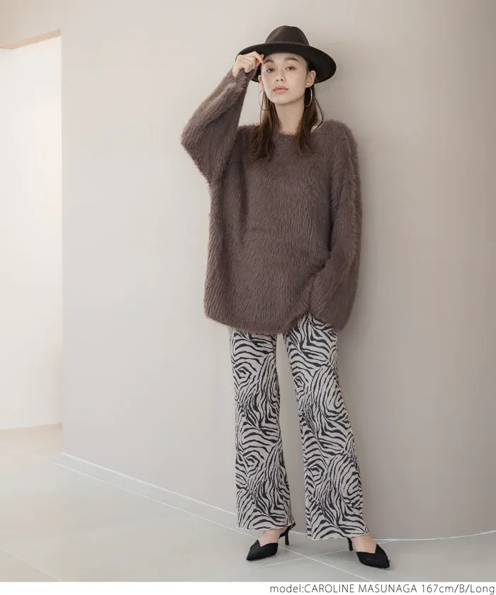 日本 COCA - 時尚彈性細摺垂墜寬褲-斑馬紋