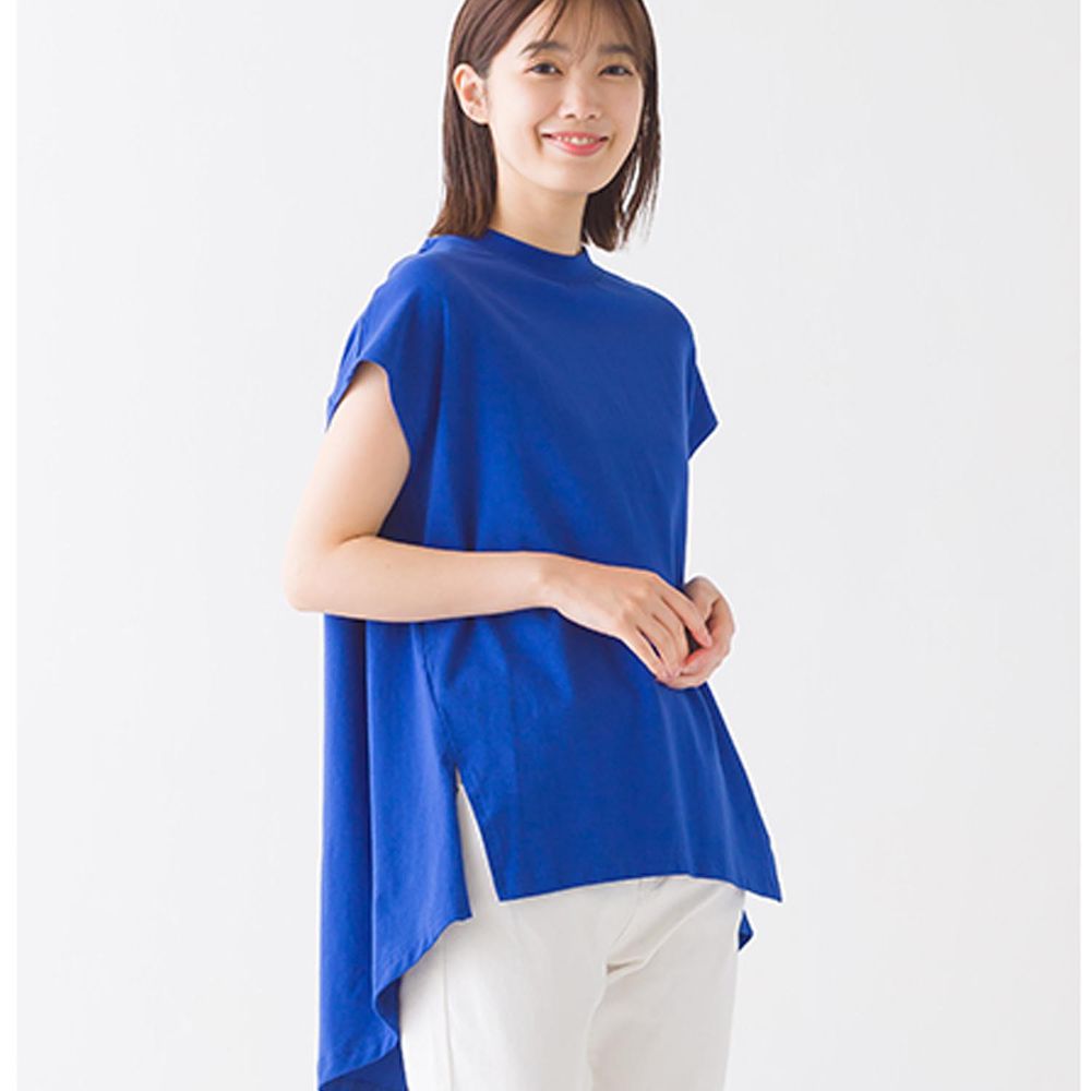 日本 OMNES - 舒適弧形後襬修飾短袖上衣-藍