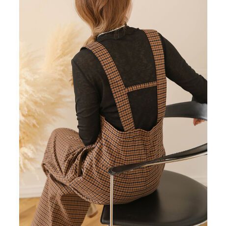 日本 Bab - 文藝少女歐風吊帶褲-格紋-卡其