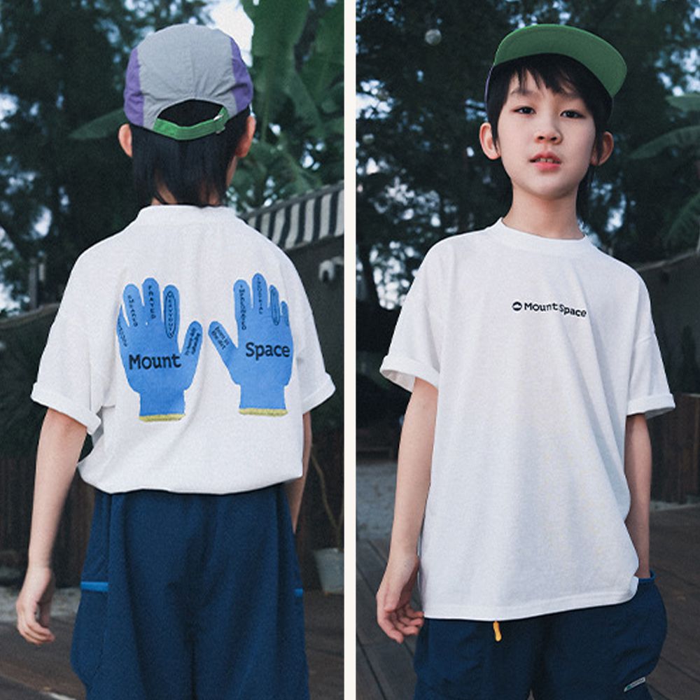 休閒圓領短袖上衣-手套印花-白色