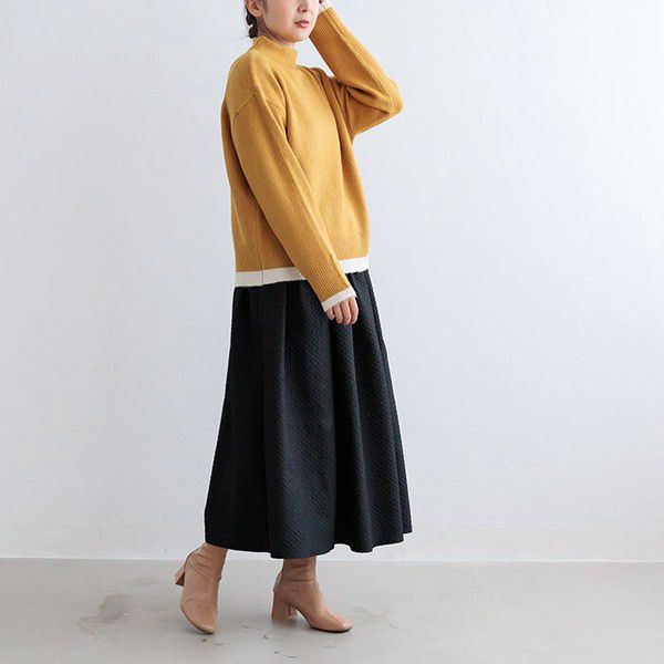 日本 ihuu - 下擺撞色立領針織毛衣-芥黃x杏