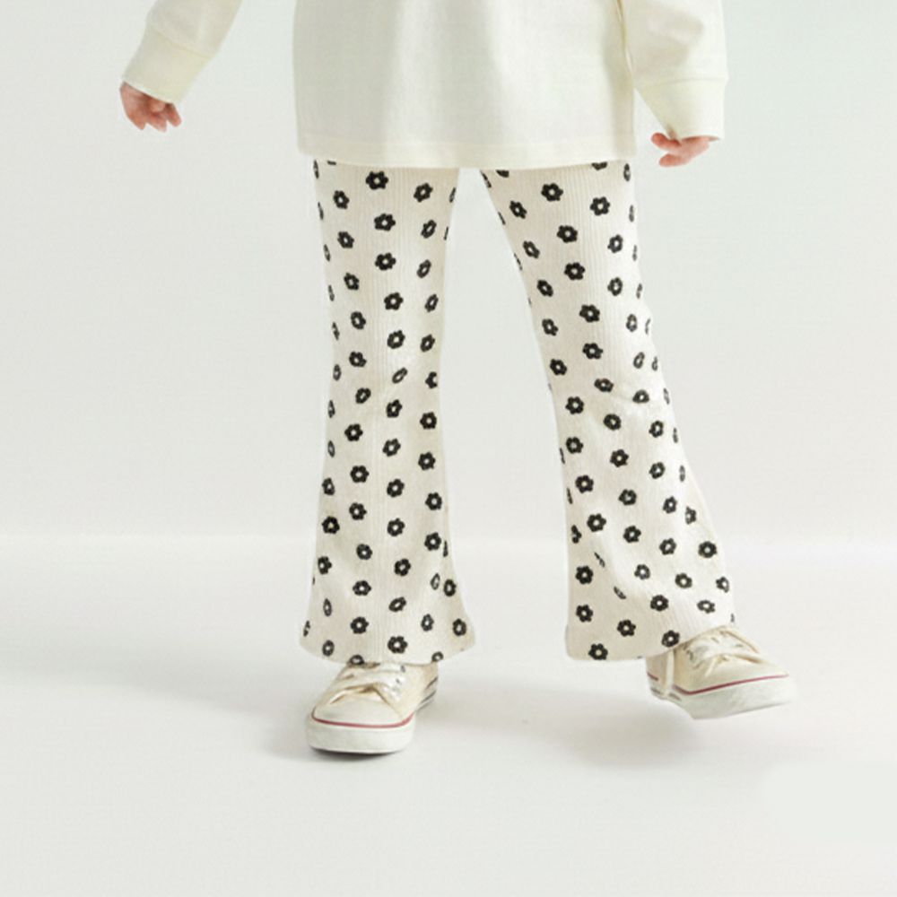 彈性羅紋百搭薄款喇叭褲-黑小花-象牙米