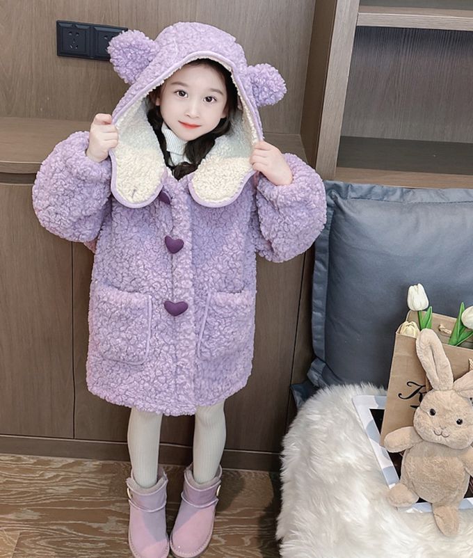 love, charlotte - 羔羊絨連帽熊耳朵中長版外套-香芋紫色