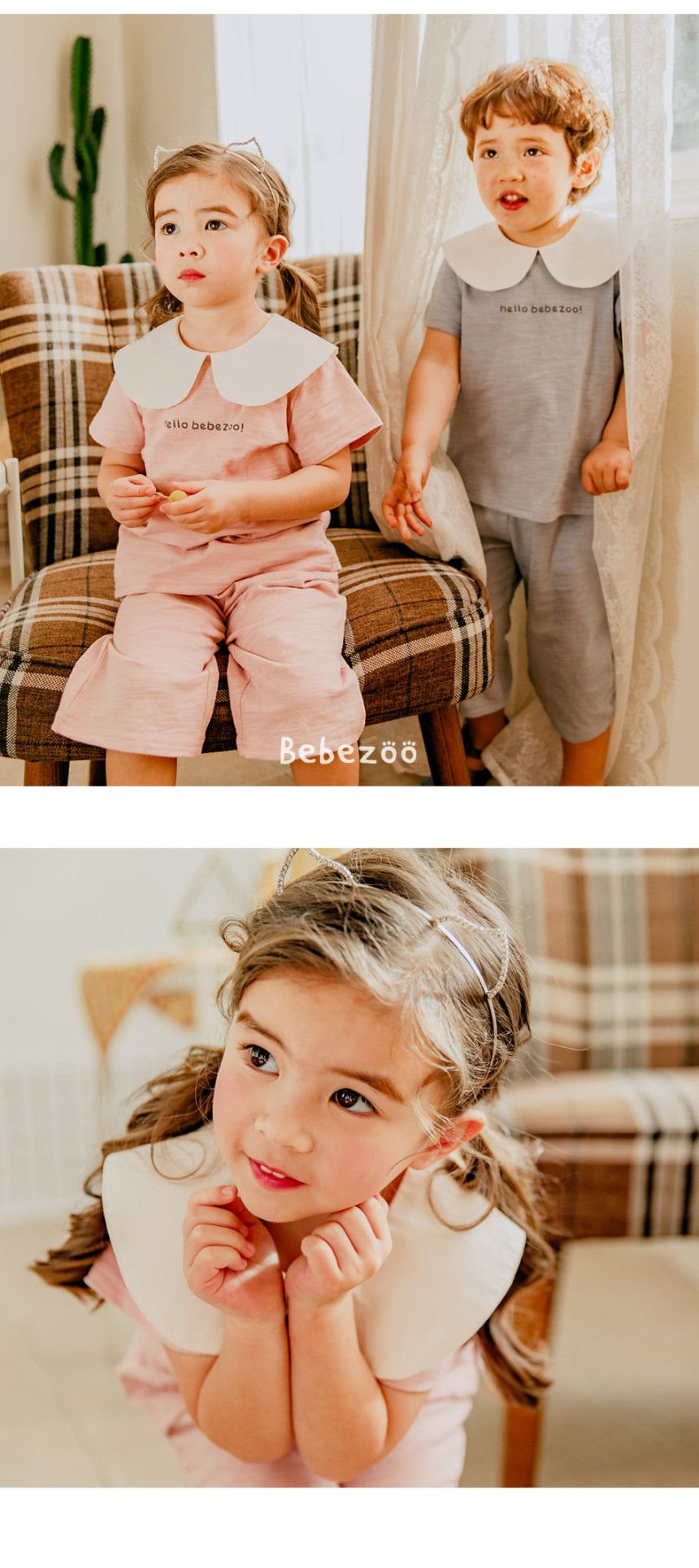 韓國 Bebezoo - 水手領竹節棉套裝-灰藍