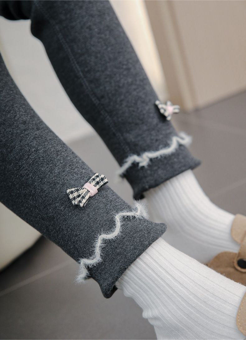 FANMOU - 加絨腰鬆緊兒童內搭褲-木耳邊蝴蝶結-深灰色