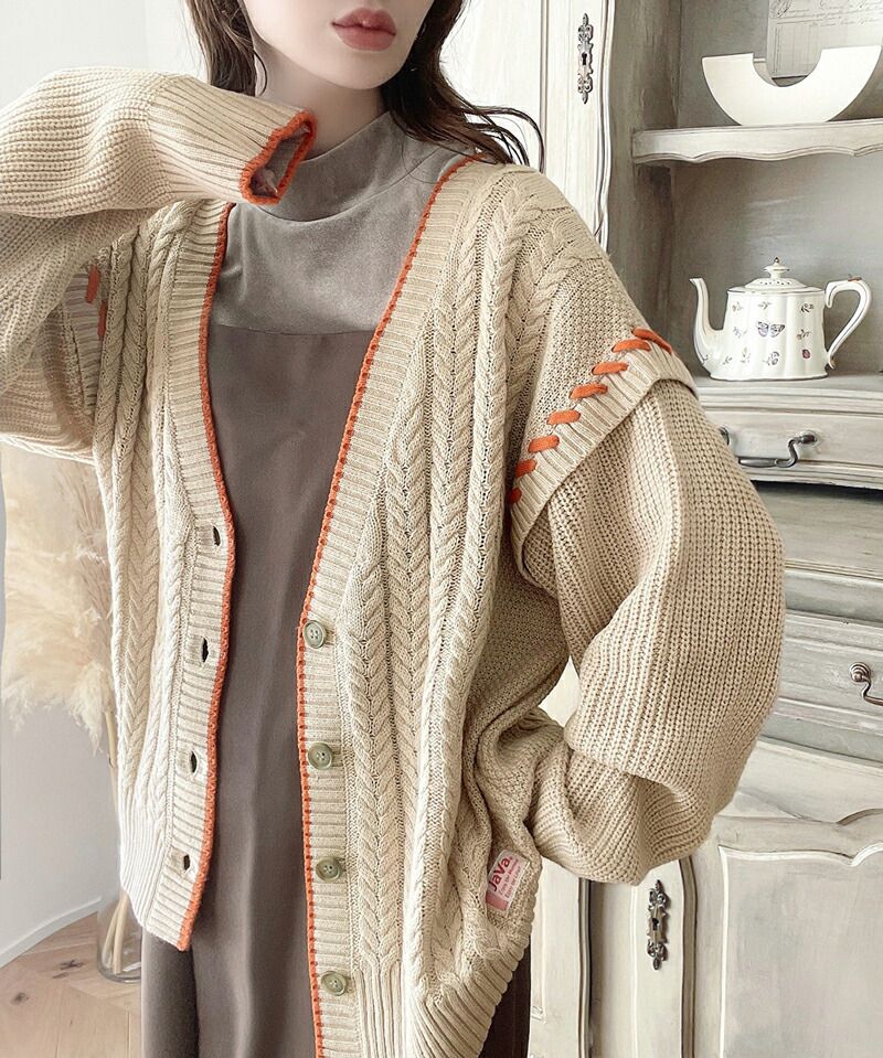 日本 Classical Elf - 2WAY滾邊縫線粗針織外套-摩卡x杏