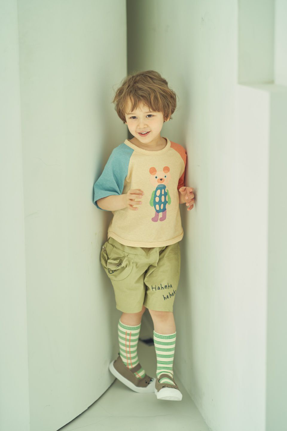 韓國 Mimico - 波波熊拼接色T-天藍X粉橘