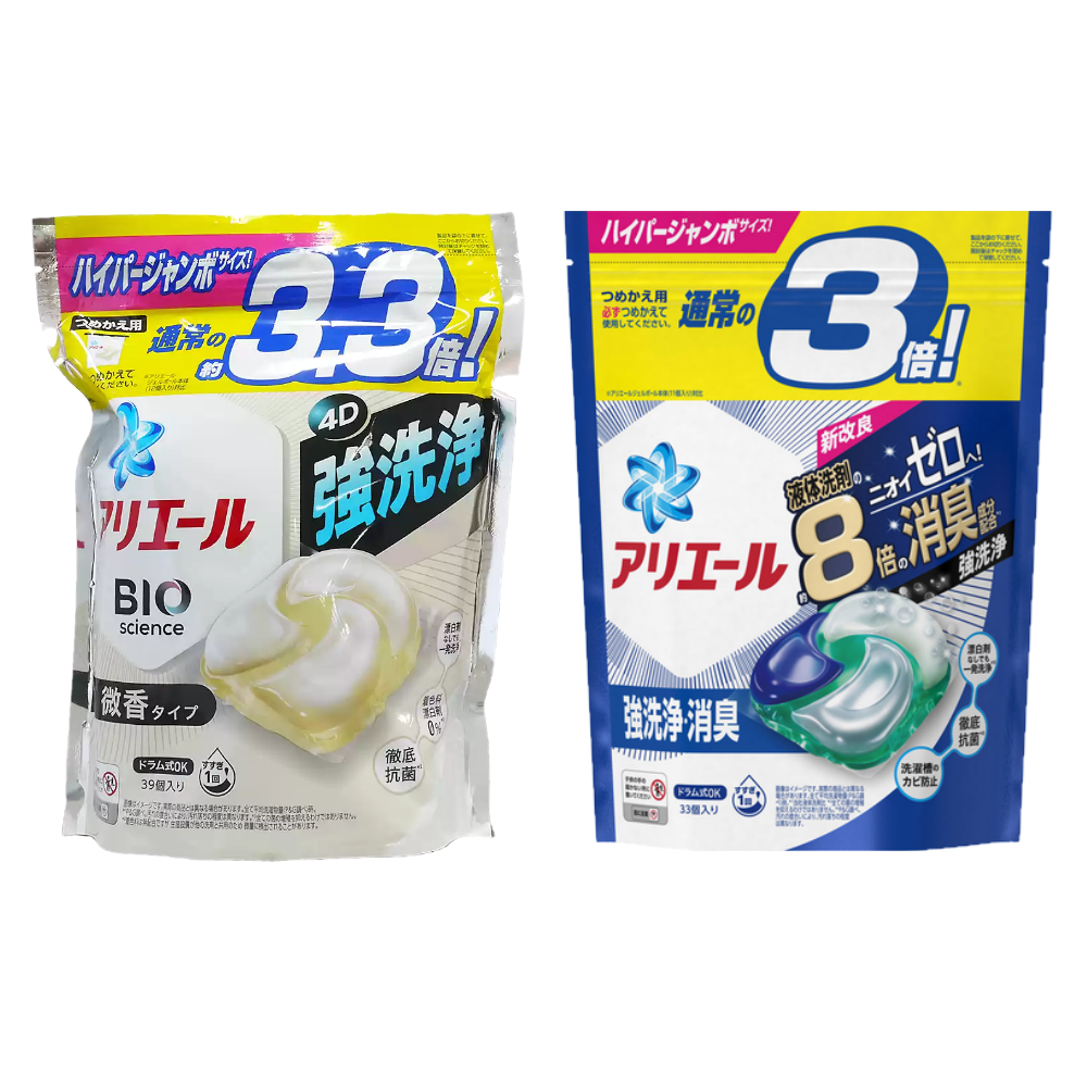 日本 P&G - ARIEL清新除臭4D洗衣球-深藍款補充包33入+微香款補充包39入