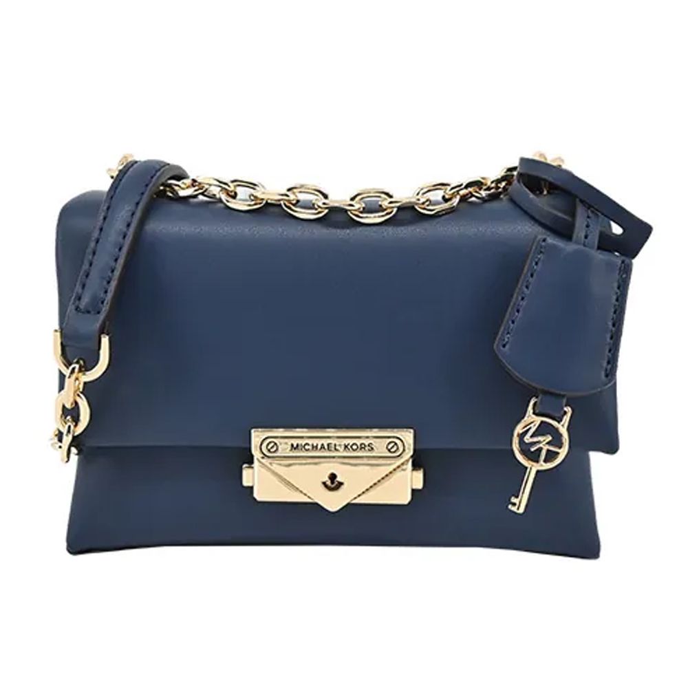 皮革+鍊條翻蓋肩背包 (深藍)