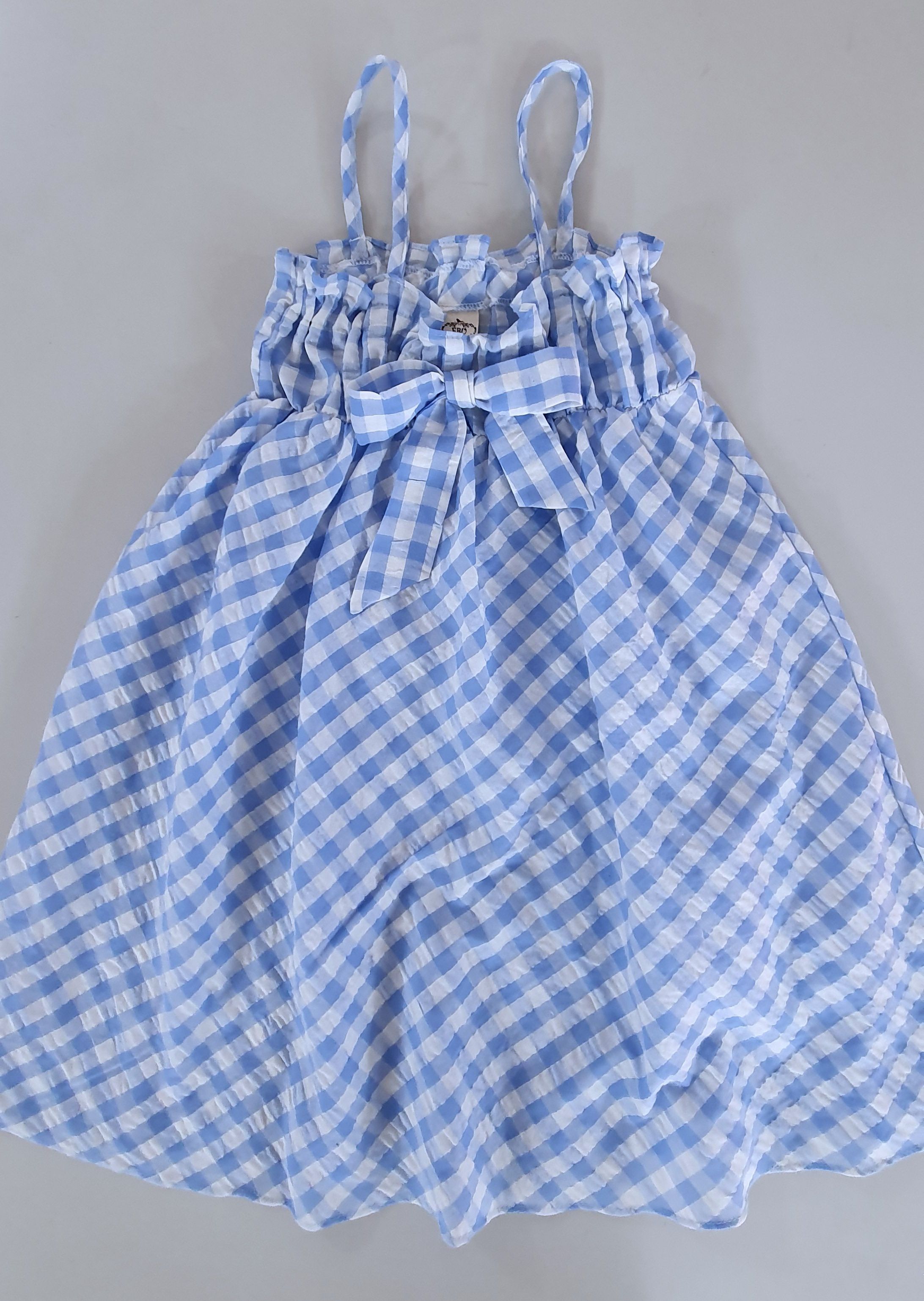 韓國 ERU - 胸前蝴蝶結格子吊帶裙-藍