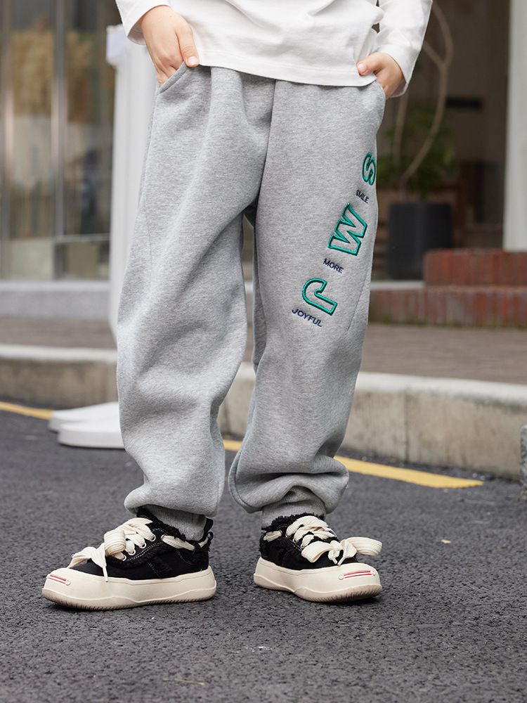 加絨腰鬆緊休閒保暖束口長褲-SMJ-淺灰色