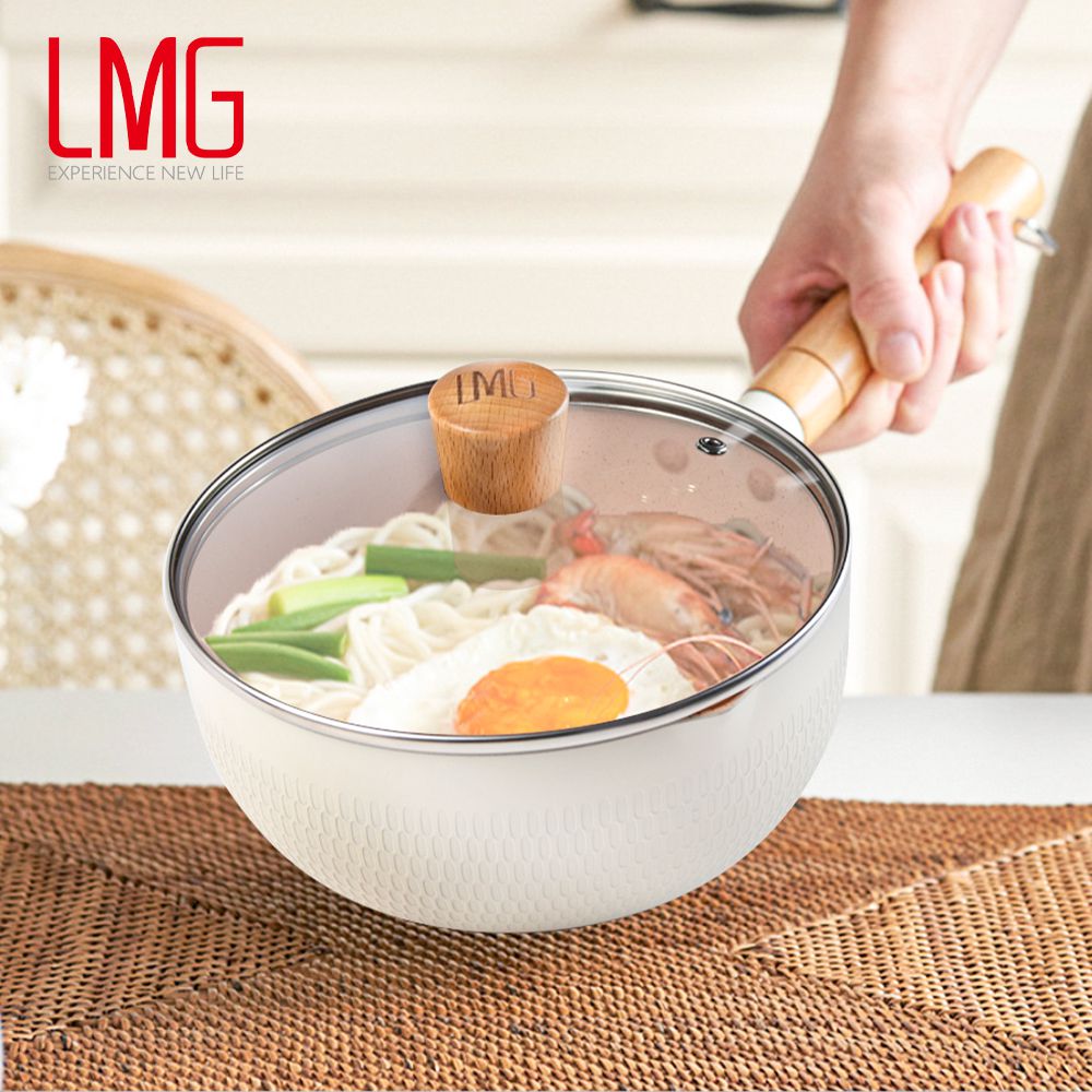 LMG - 日式錘紋不沾雪平鍋-象牙白-20cm(含蓋)+日式料理夾超值組