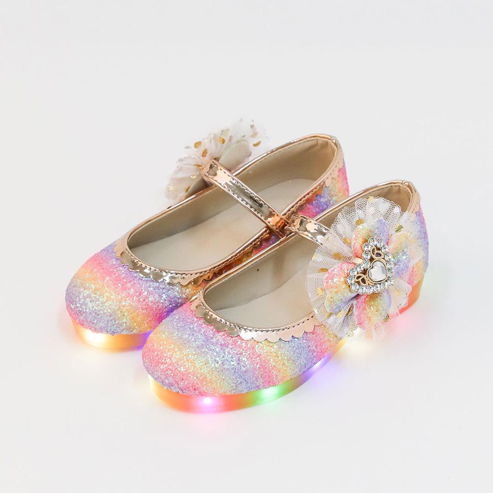 韓國 OZKIZ - (LED)漸層霓虹鑲網紗蝶結皮鞋-紫X粉紅