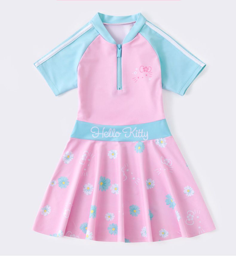 Hellokitty短袖連身泳裝-kitty與花花-粉+藍