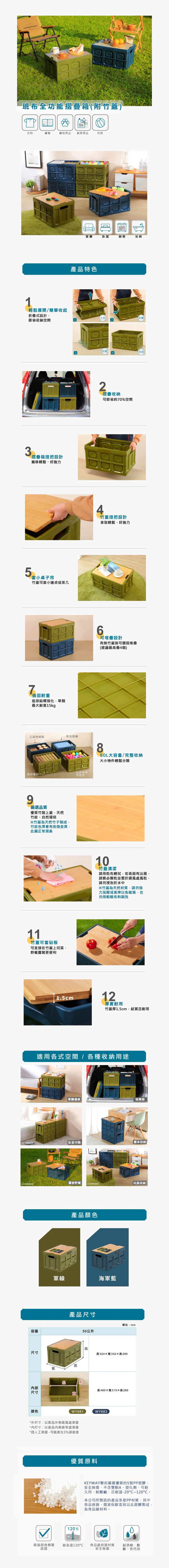 台灣KEYWAY - WY683 班布全功能摺疊箱(附竹蓋)-2色可選-海軍藍