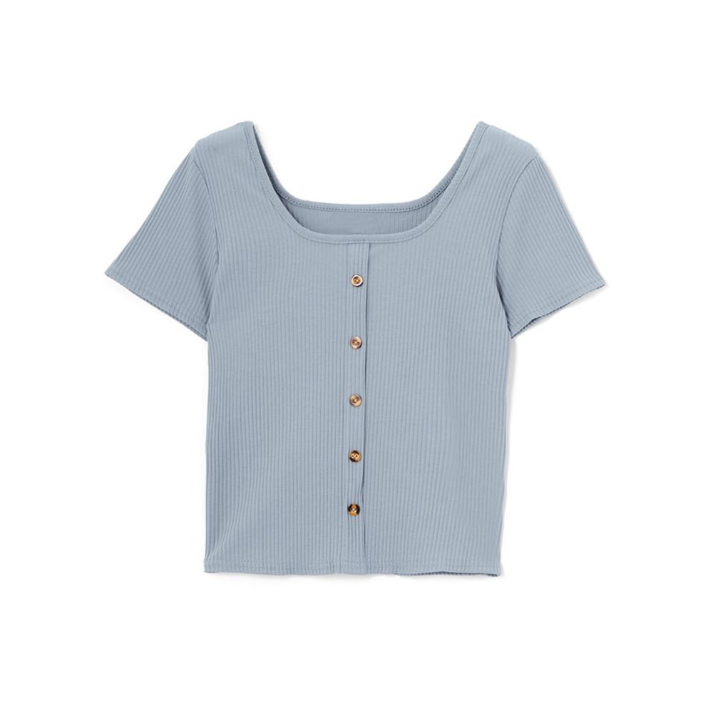 日本 GRL - 假襯衫釦修身短袖針織上衣-寶貝藍