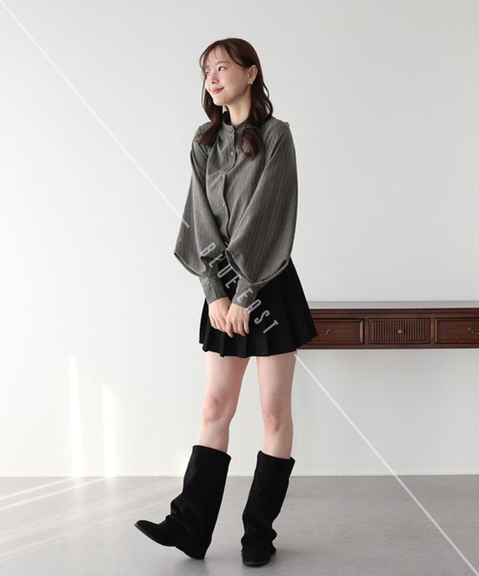 日本 BLUE EAST - 知性小立領澎澎氣球袖襯衫-奶茶