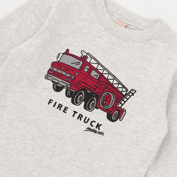 日本 petit main - 男孩俏皮長袖上衣-消防車-雜灰