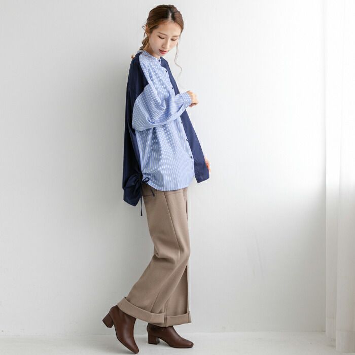 日本 ihuu - 側抽繩條紋撞色長袖襯衫-奶茶