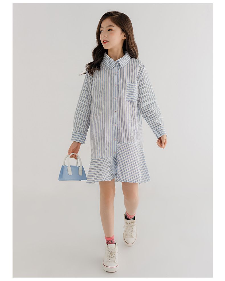 不對稱拼接直紋襯衫洋裝-藍直紋