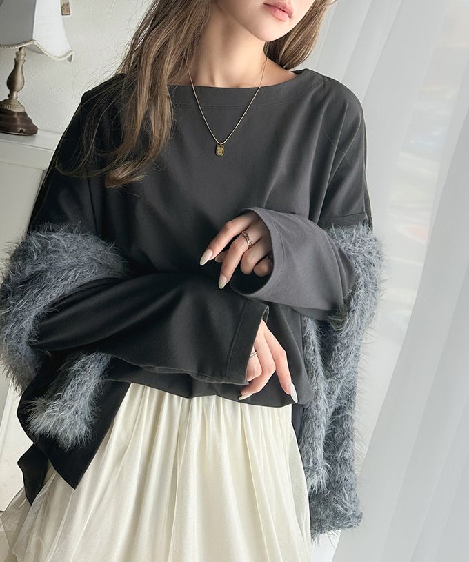 日本 Classical Elf - 一字領寬鬆落肩長袖T恤-米白