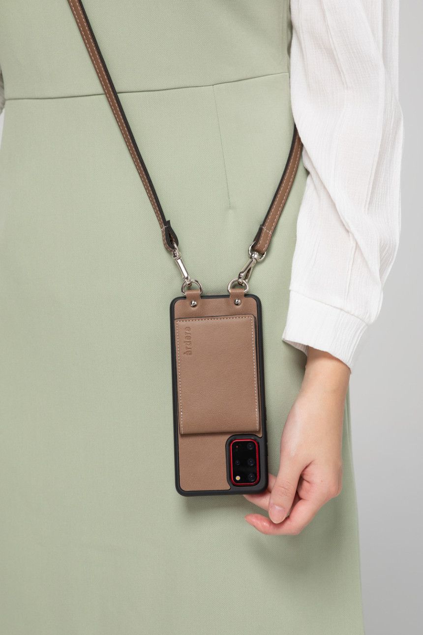 韓國 ARDERE - 卡夾折疊鏡皮質背繩防摔手機殼-可可棕