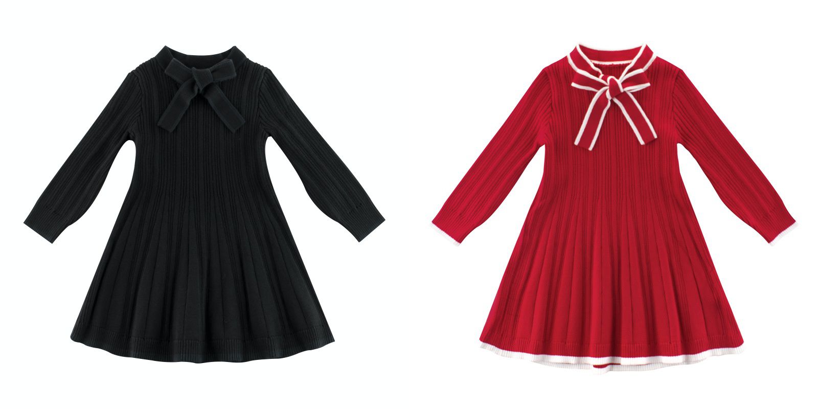 長袖針織洋裝-領口蝴蝶結-紅色