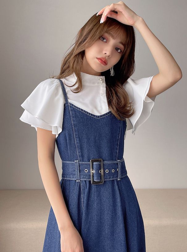 日本 GRL - 率性收腰丹寧吊帶裙(附腰帶）-靛藍