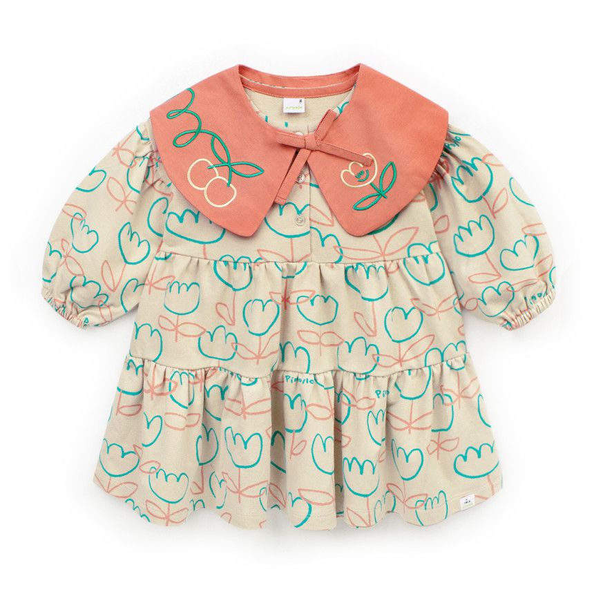 韓國Pimpollo - 可拆翻領可愛花朵洋裝-灰