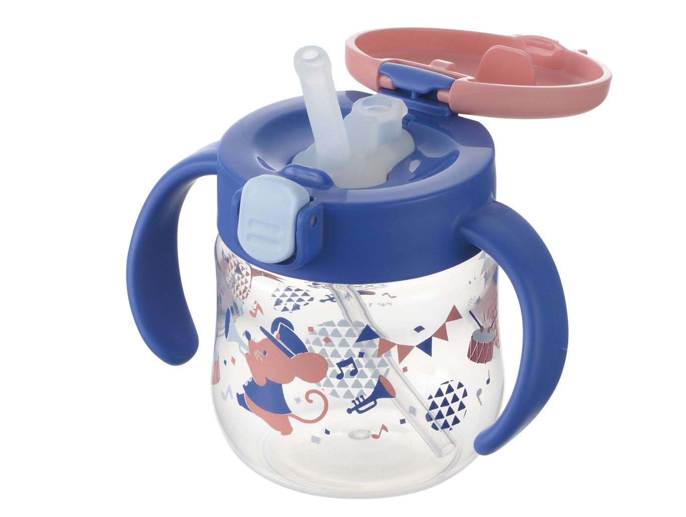 日本 Richell 利其爾 - 鼠樂團吸管水杯-150ML-藍/粉-7個月適用