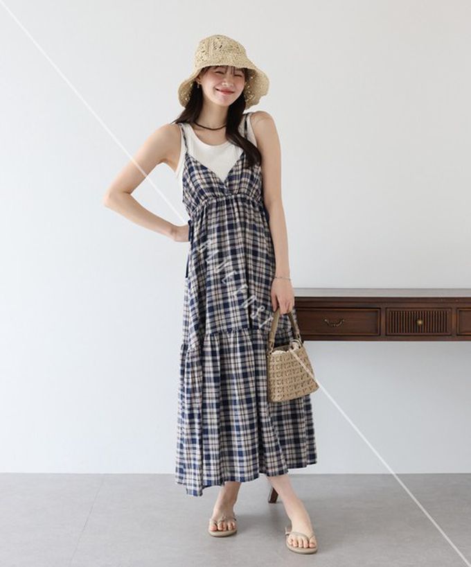 日本 BLUE EAST - 可愛格紋側蝴蝶結細肩帶洋裝-深藍 (M)