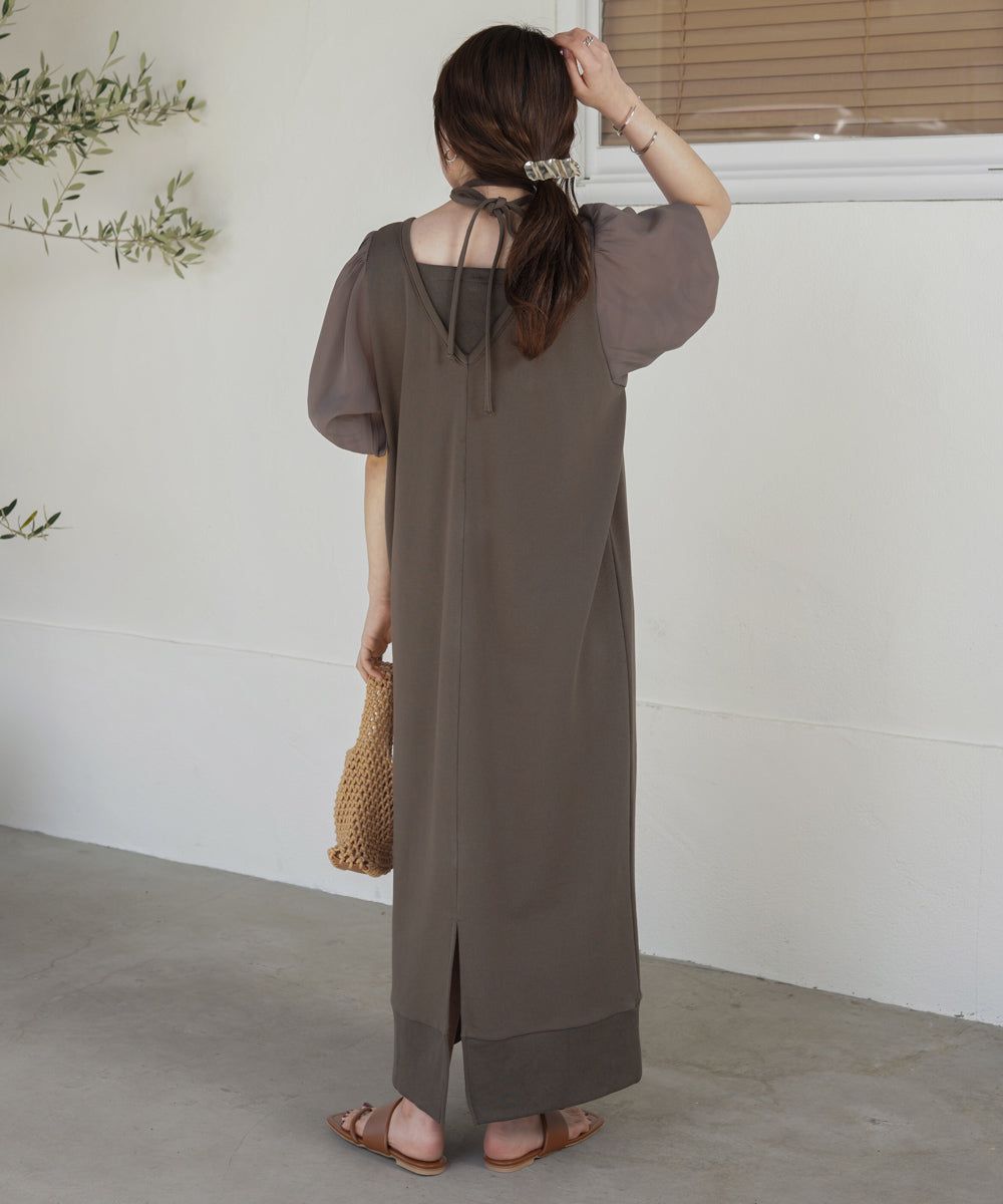 日本 Bab - 優雅綁帶V領泡泡袖洋裝-淺摩卡