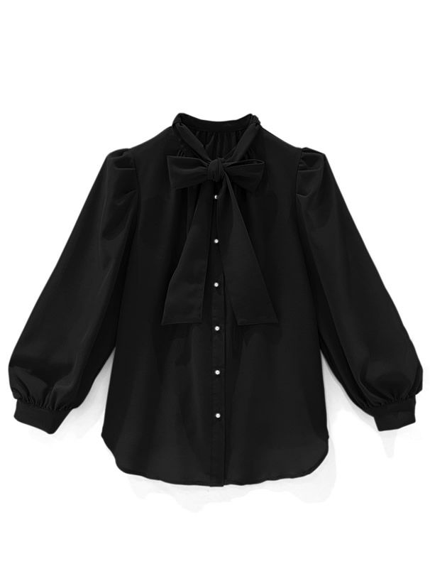 日本 GRL - 優雅扭結雪紡長袖上衣-簡約黑