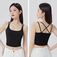 JS - 雙肩帶交叉美背BRA TOP/附罩杯上衣-黑色