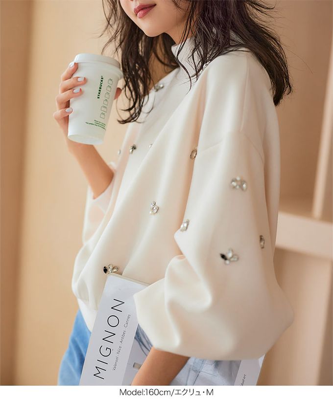 日本 Kobe Lettuce - 小立領奢華首飾休閒寬袖上衣-白 (M)