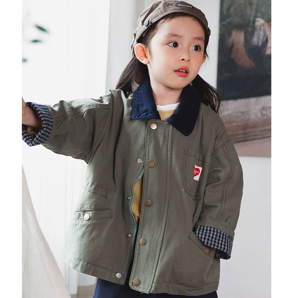 復古撞色翻領工裝外套-軍綠