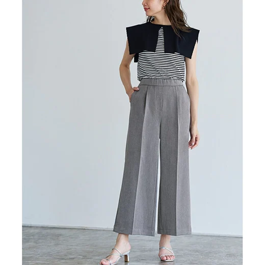 日本 Pierrot - 熱銷定番 打褶修身西裝寬褲-淺灰杏