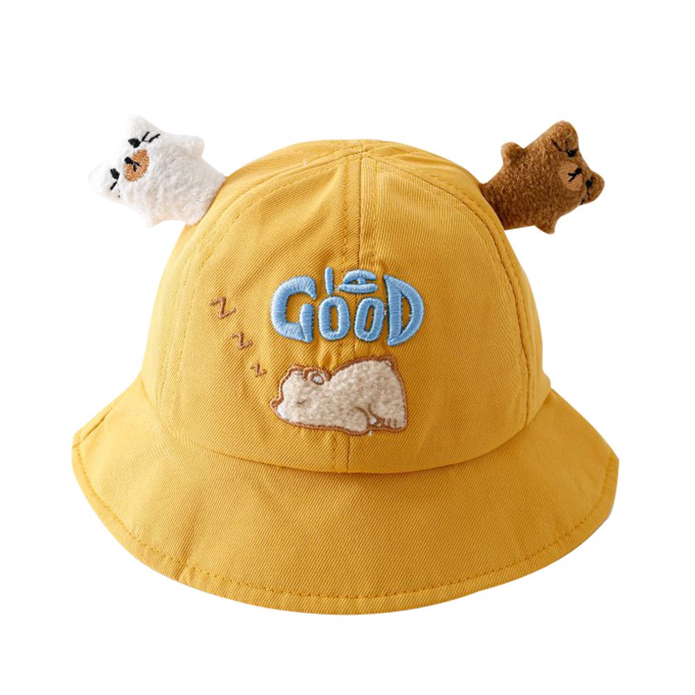 寶寶防曬帽 睡覺小熊立體童帽 嬰兒漁夫帽-黃色睡覺熊熊