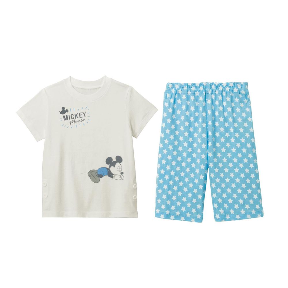 日本千趣會 - 迪士尼印花短袖家居服(夜光設計)-睡覺米奇-水藍