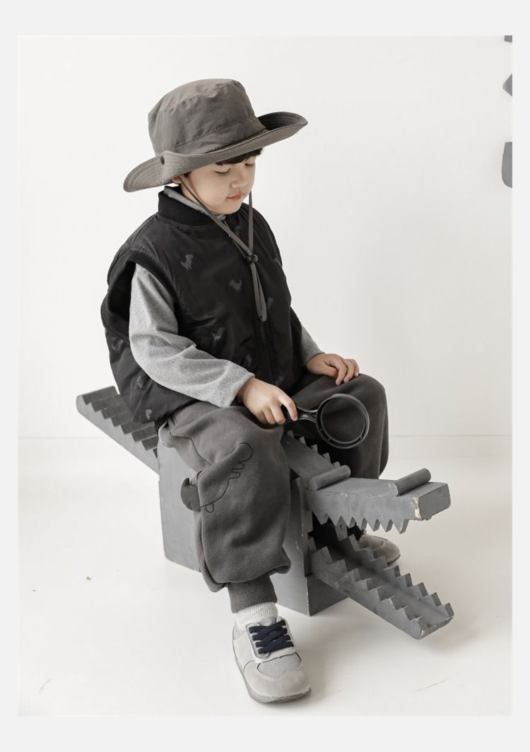 TONGMO - (加絨)腰鬆緊休閒束口長褲-描邊恐龍-深灰色