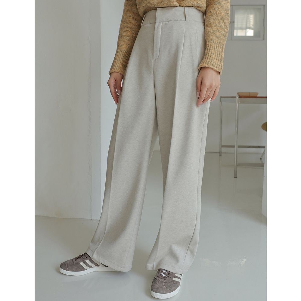 Domingoblue 後鬆緊腰雙鈎釦抓褶內磨毛西裝落地褲-燕麥米